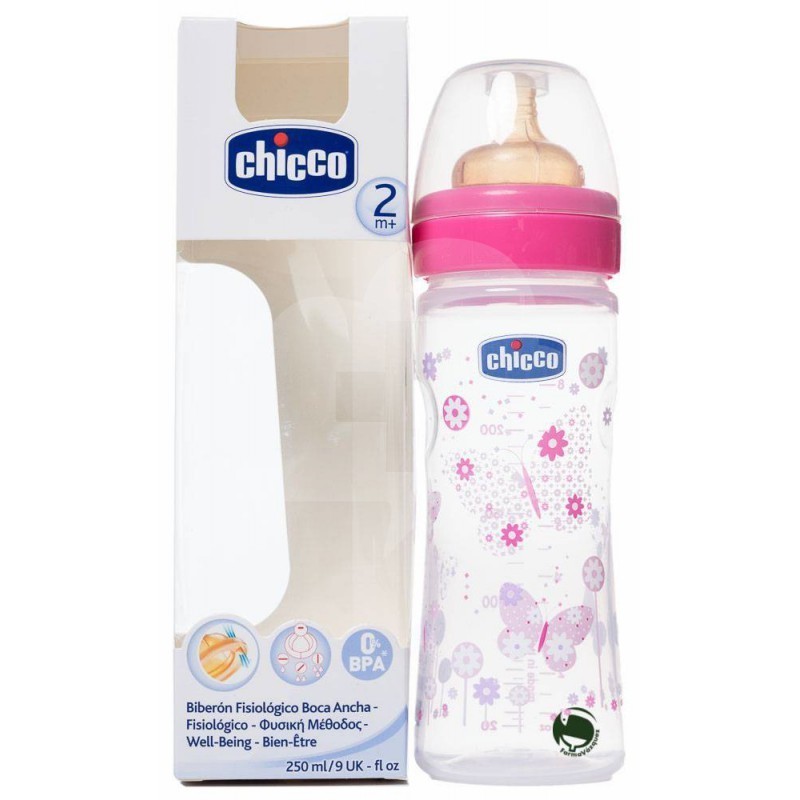 250 ml Biber/ón con tetina de l/átex y flujo medio para beb/é de 2m+ Chicco Wellbeing color rosa