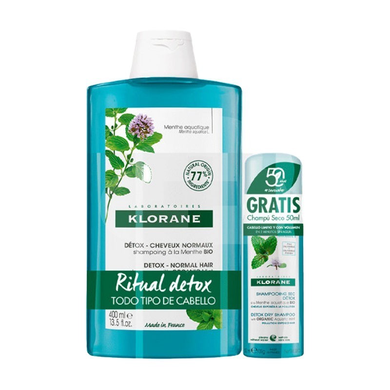 KLORANE CHAMPÚ DETOX A LA MENTA MARINA 400 ML + CHAMPÚ SECO MENTA 50 ML